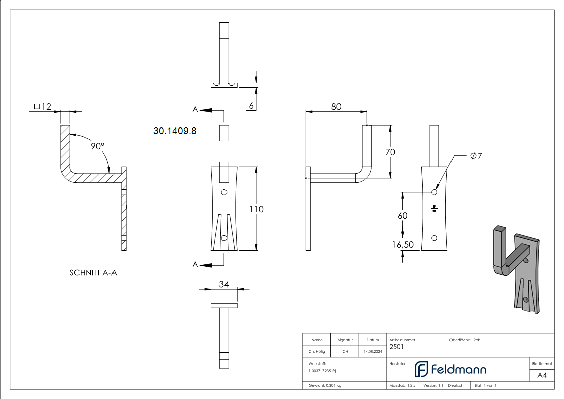 Handlaufhalter - mit Ronde 105x40x4 mm - zum Anschweissen - Stahl S235JR- roh-30-1409.8