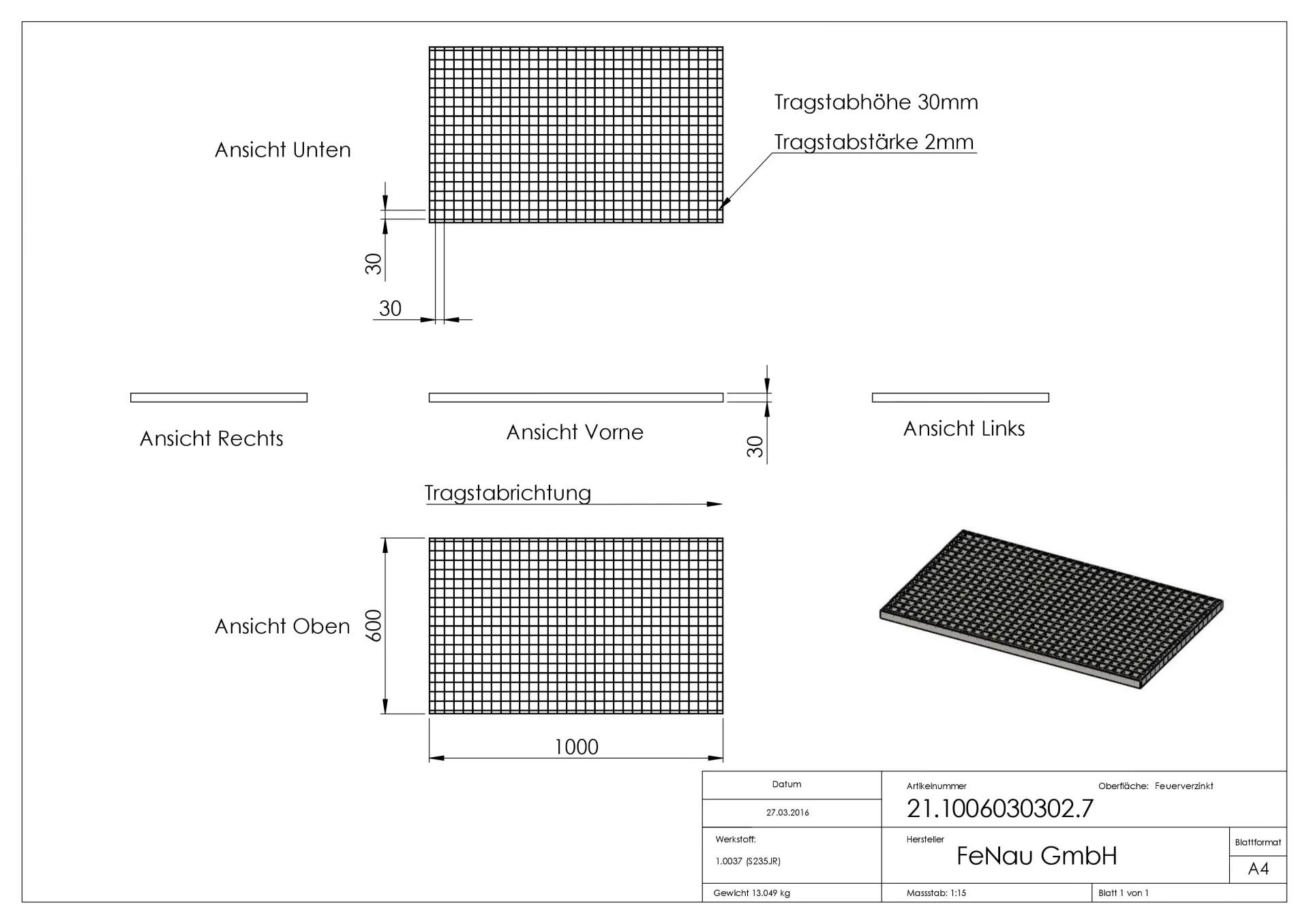 Industrie-Gitterrost - Masse- 1000x600x30 mm; MW 30-30 mm; 30-2 mm - S235JR -St37-2- im Vollbad feuerverzinkt-21-1006030302.7