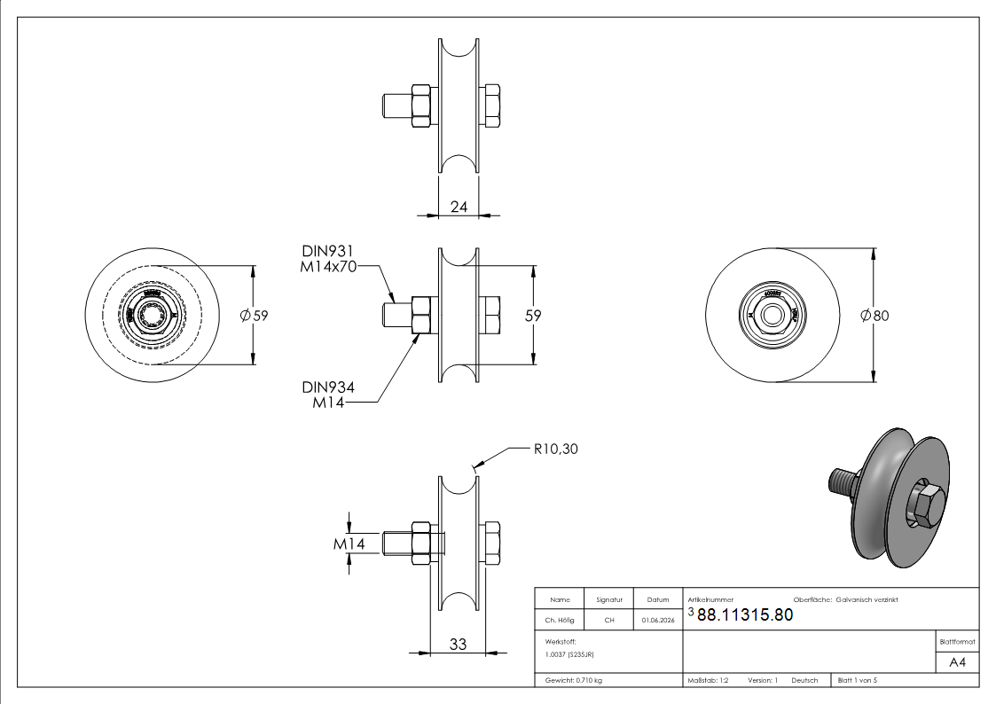 Schiebetorrolle verzinkt  80 mm fr Schiene  20 mm mit 2 Kugellagern- 350 kg-88-11315.80