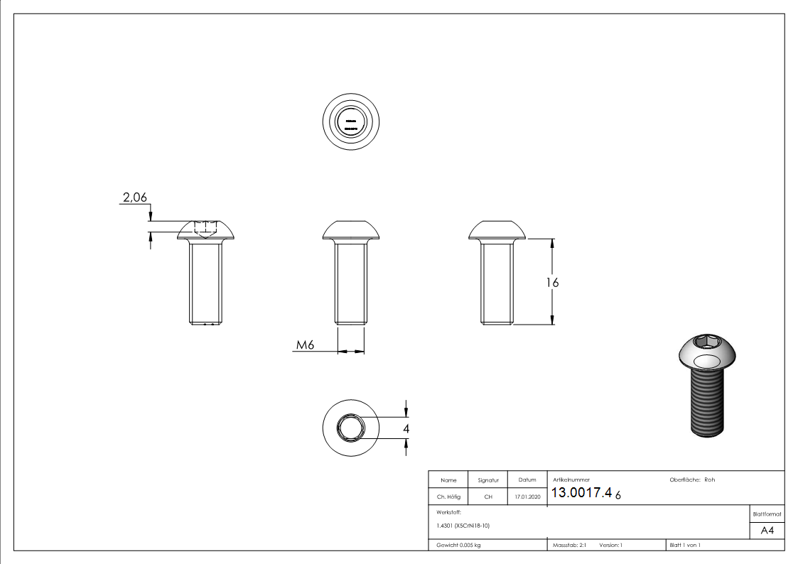 Rundkopfschraube M6x16 mm V2A-13-0017.4