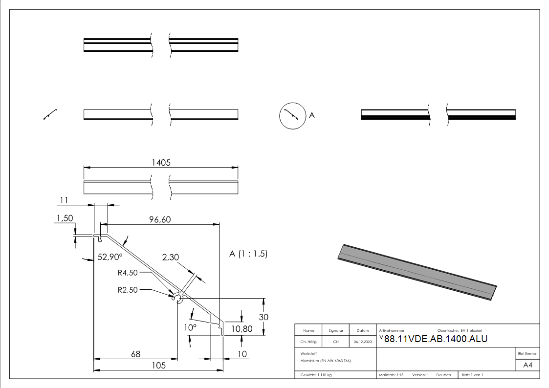 Vordachabdeckung Aluminium L = 1405 mm eloxiert E4-EV1 fuer eleganza canopy-88-11VDE-AB-1400.ALU