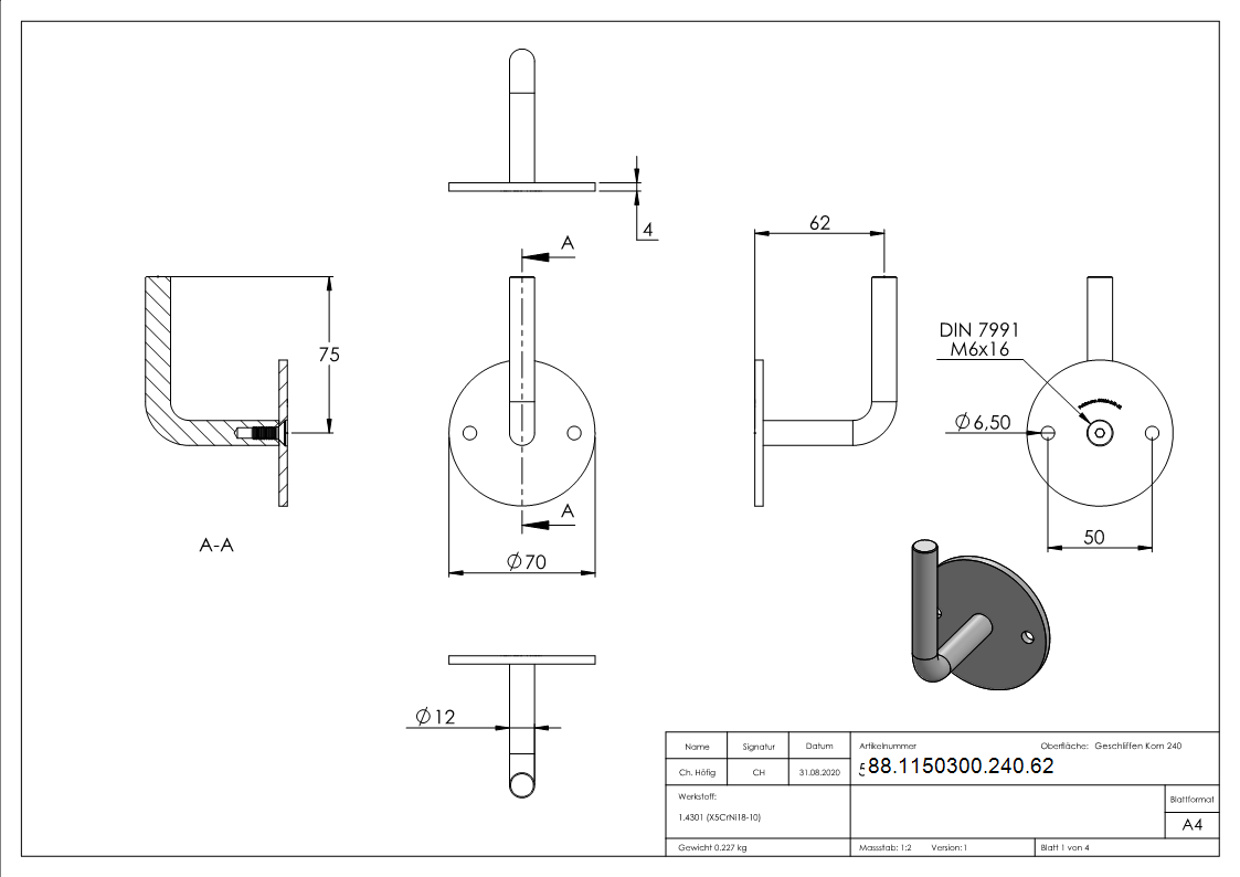 Handlaufhalter V2A Ronde 70x4 mm- Buegel 12 mm- Wandabstand 62 mm- zum Anschweissen-88-1150300-240.62