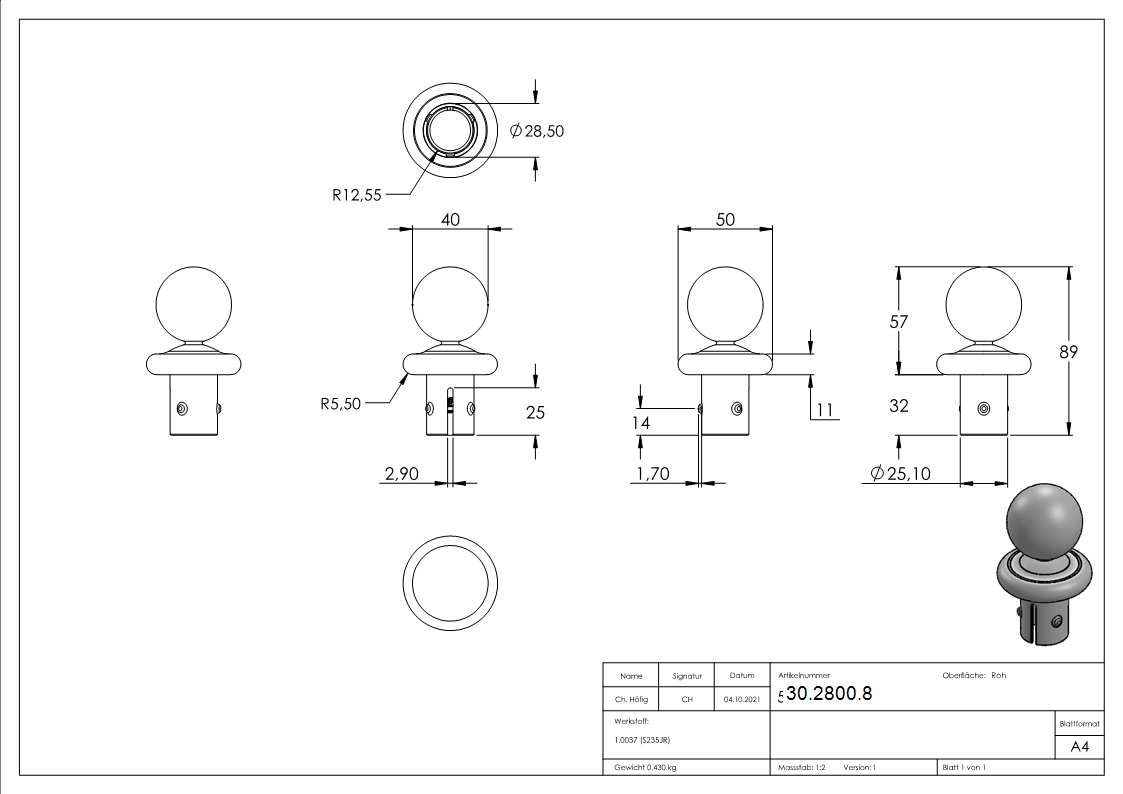 Kugelrohrknopf fuer Ø 33-7x2-5-2-9 mm - Stahl S235JR- roh-30-2800.8