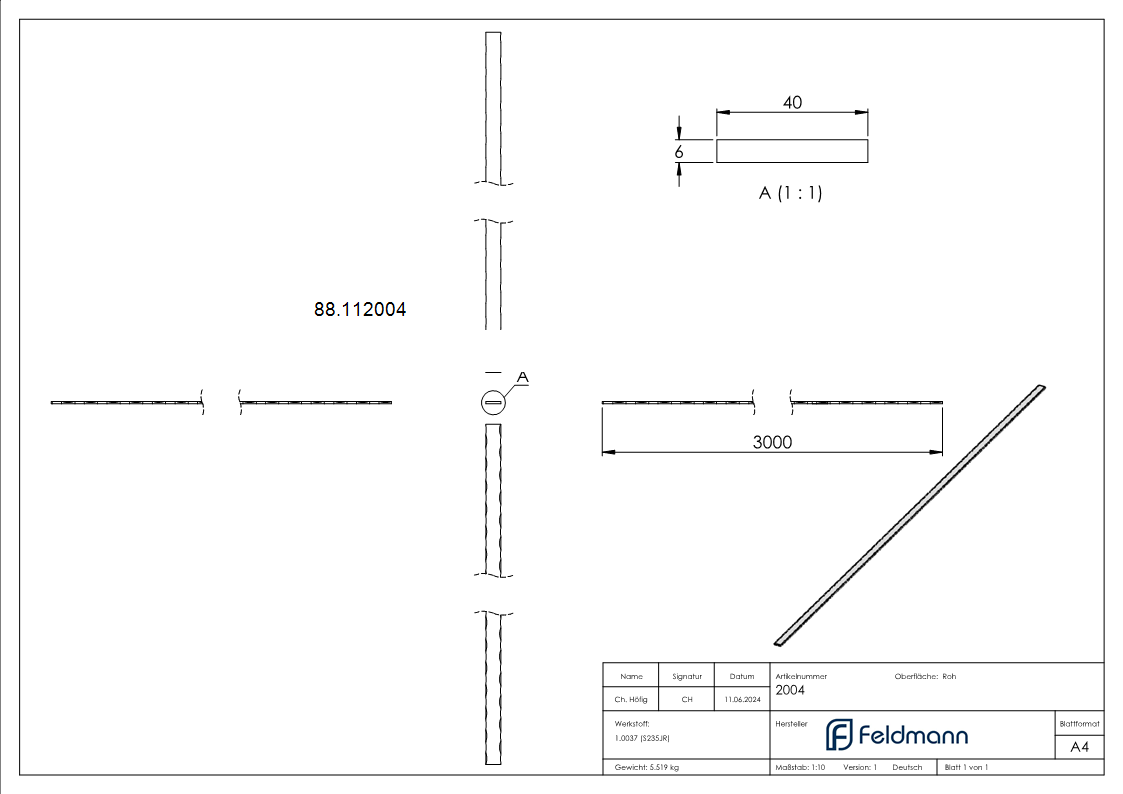 Flacheisen 40x6 mm Kanten gehaemmert 3000mm Schmiedeeisen Antik-88.112004