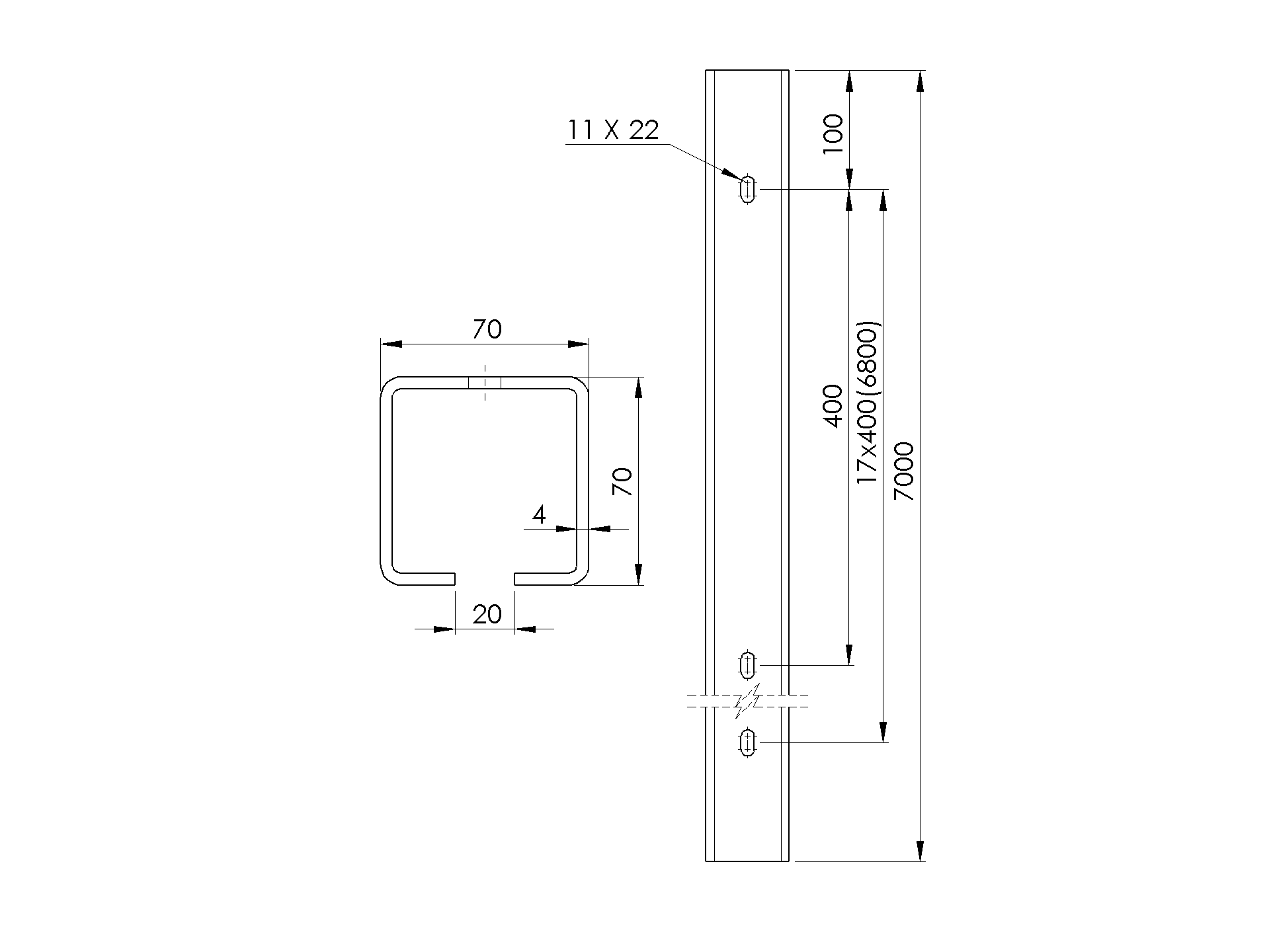 Laufschiene Stahl verzinkt 70 x 70 mm L=7000 mm fr Schiebetore-89-11H0270X70ZND7000-A.4