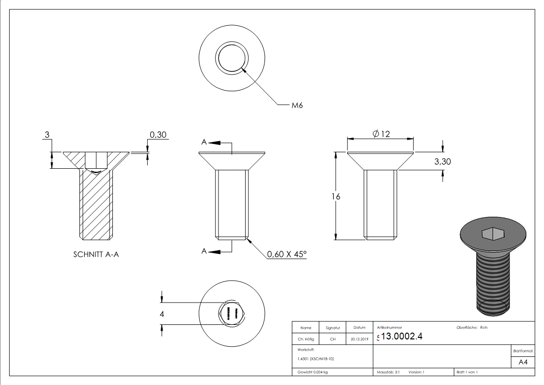 Senkkopfschraube V2A M6x16 Innensechskant ISO 10642-13-0002.4