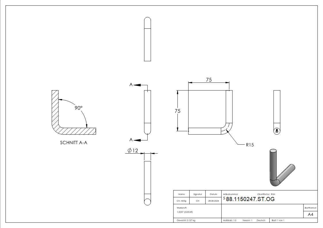 Rundstahlbuegel Stahl Ø 12 mm 75x75 mm 90° gebogen ohne Gewinde zum Anschweissen-88-1150247-ST.OG