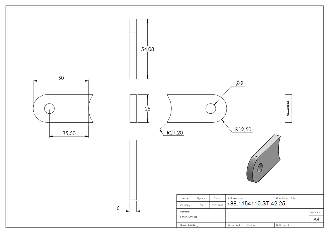 Anschweisslasche 50 x 25 x 6mm mit Rundloch Ø 9mm- Anschluss 42-4mm-88-1154110-ST-42.25