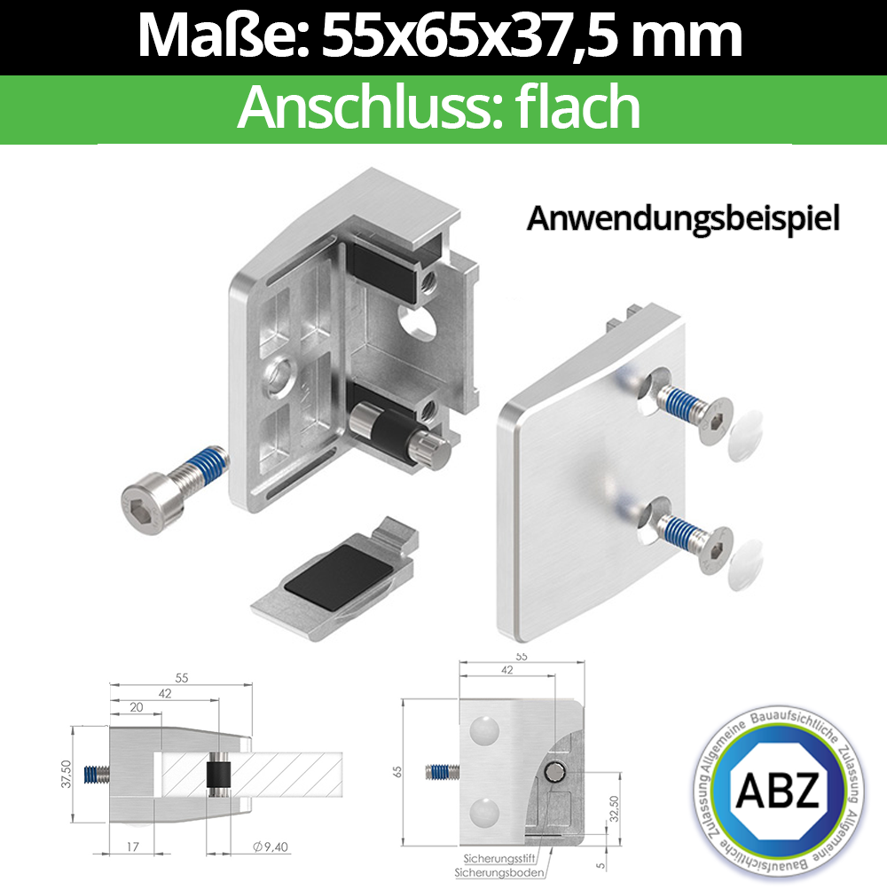 Glasklemme AbZ 55x65x37-5 mm  Flach- fuer 13-52 mm VSG Glas- Nein - Ohne Sicherungsstift- Ja - mit Sicherungsboden-10-MODELL35-1-15-1.2
