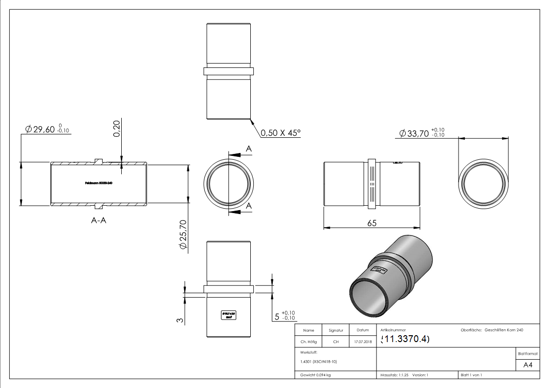 Steckfitting V2A fuer Rohr Ø 33-7 x 2-0 mm mit Mittelsteg-11-3370.4