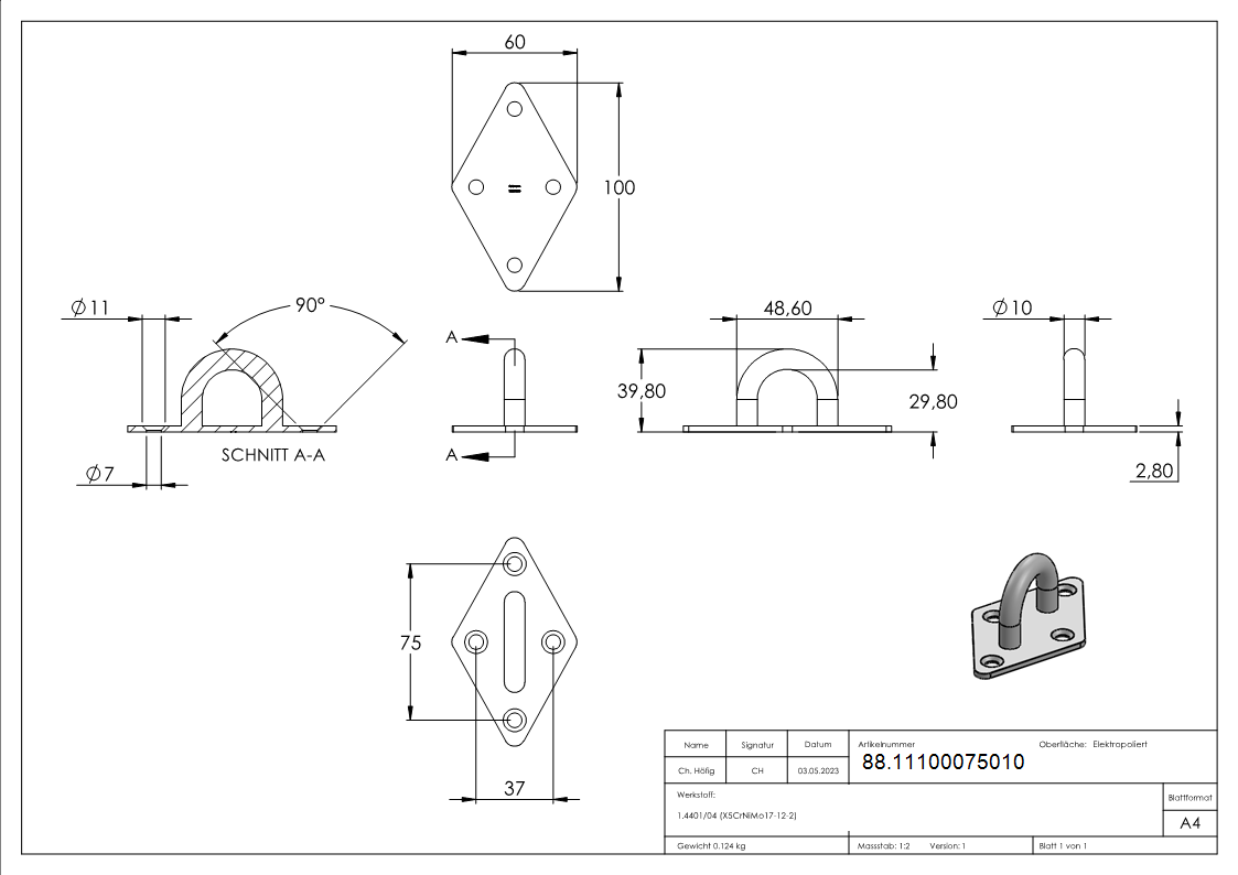 Befestigungsoese Edelstahl V4A Rundeisen Ø 10 mm mit rechteckiger Platte-88.11100075010