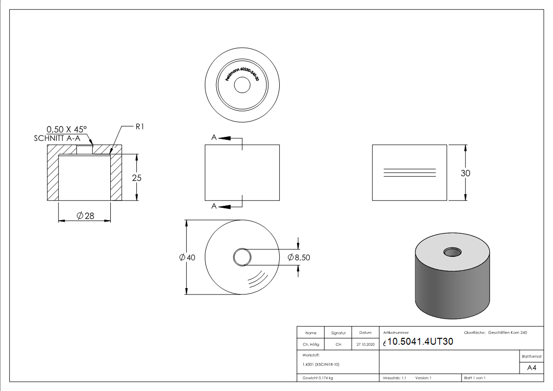 Glaspunkthalter-Unterteil Ø 40 mm- V2A- Hoehe- 30 mm-10-5041.4UT30