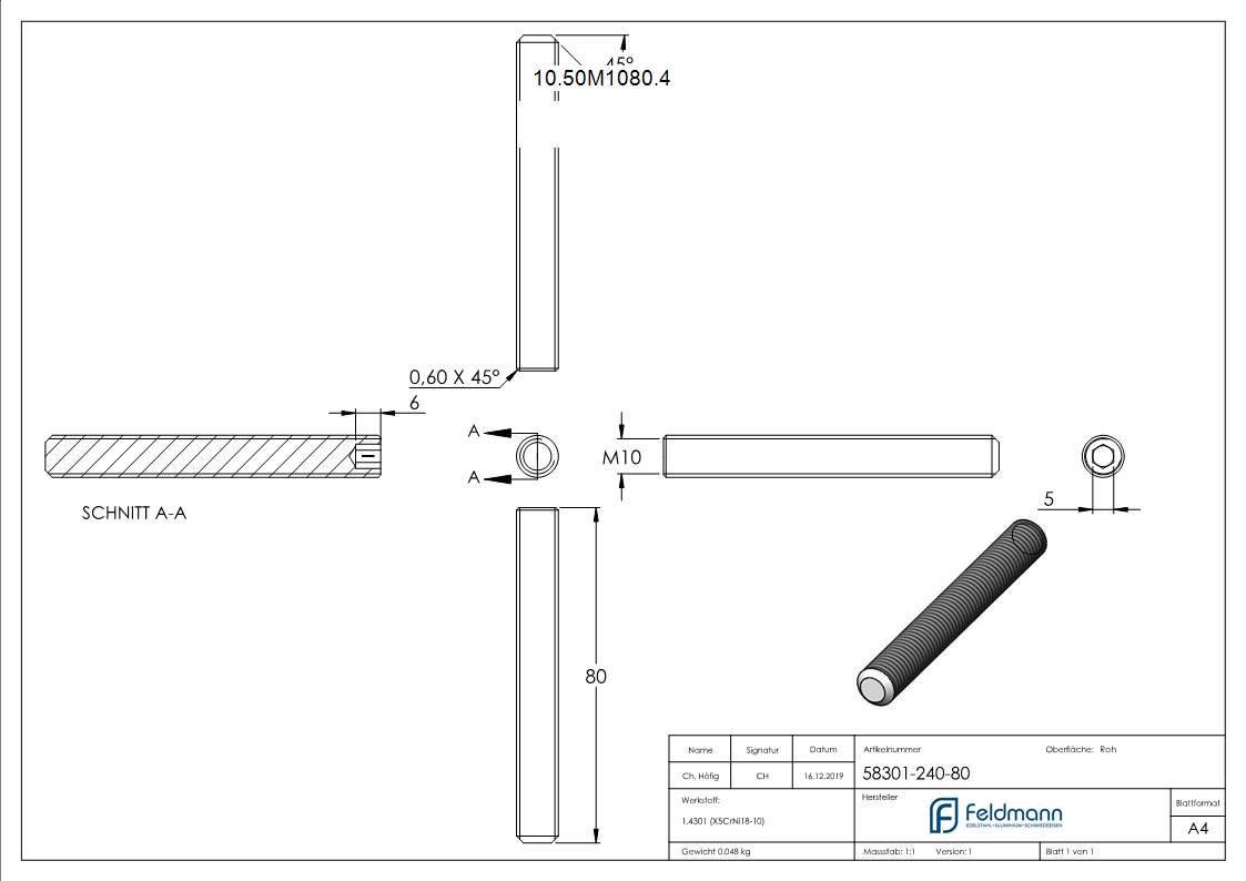 Gewindestift V2A M10x80 Innensechskant Kegelkuppe DIN 913-10-50M1080.4