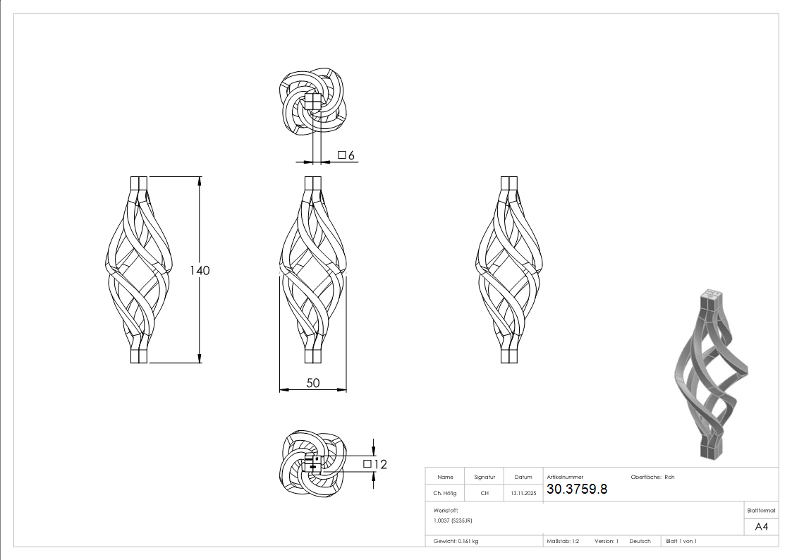Zirbel - Masse- 140x50 mm - Material- 6x6 mm - Stahl -Roh- S235JR-30-3759.8