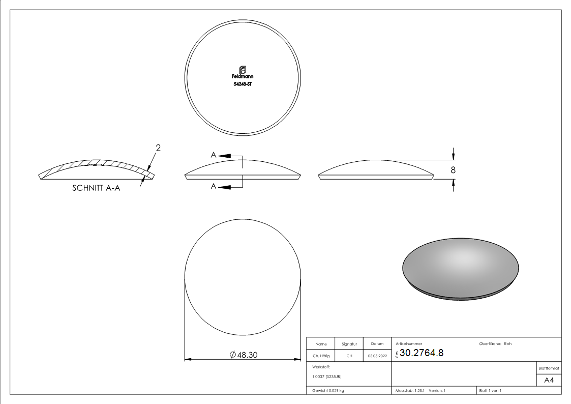Halbrundschale Stahl Ø 48 mm 2-0 mm H 8 mm ohne Bohrung-30-2764.8